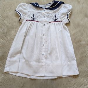 Vintage White and Navy Sailor Smocked Kids Dress